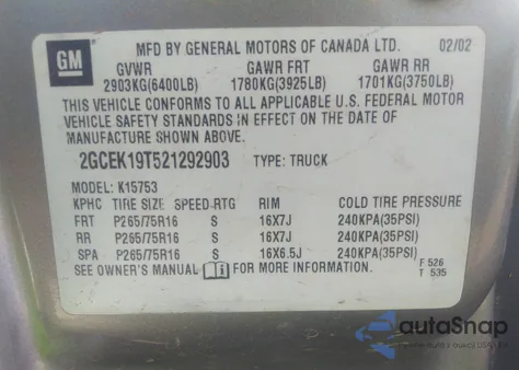 2002 Chevrolet Silverado 1500 Ls from USA, damaged, VIN 2GCEK19T521292903